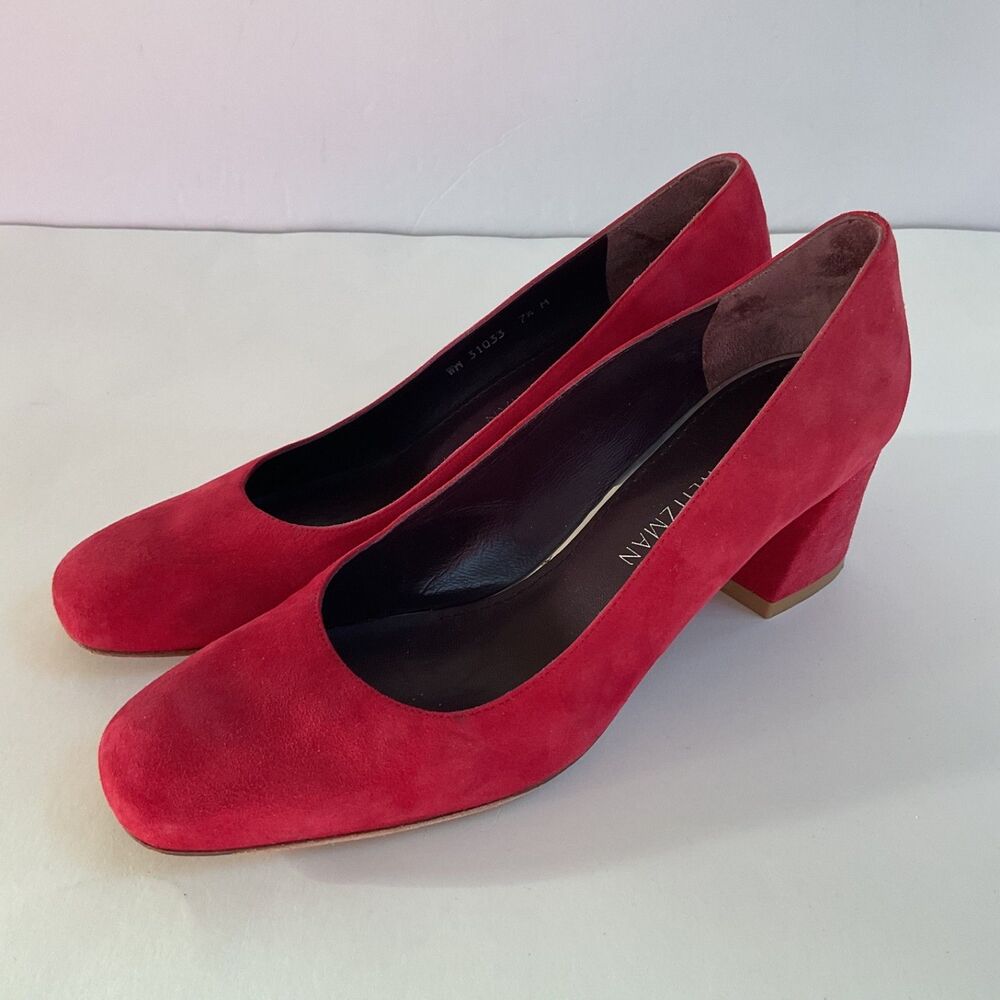 Stuart Weitzman Scarlet Red Suede Leather Block Heel Pumps Sz 7.5